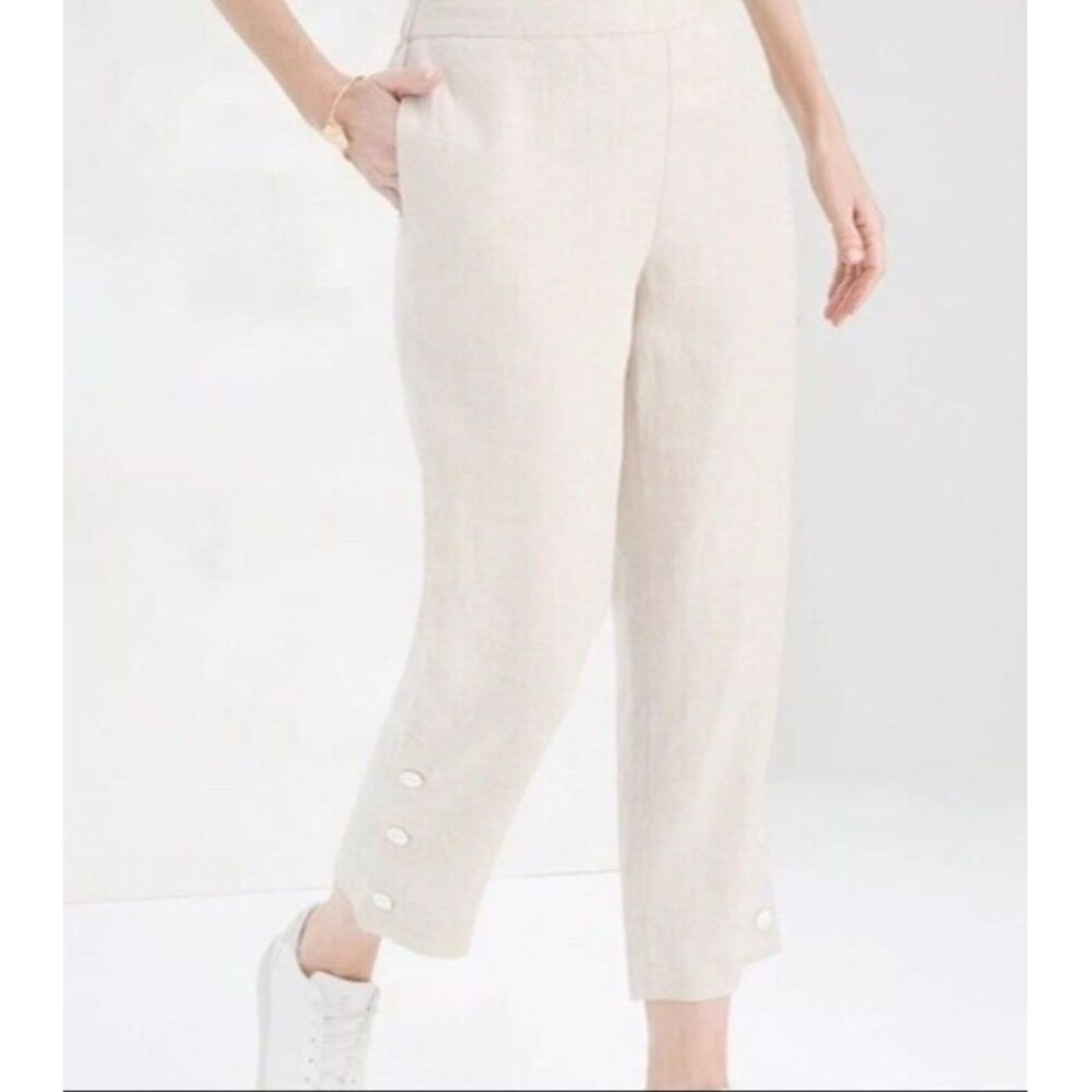 Chico’s Linen Button Hem Cropped Wide Leg Elastic Waist Size 0/US 4 Beige Tan
